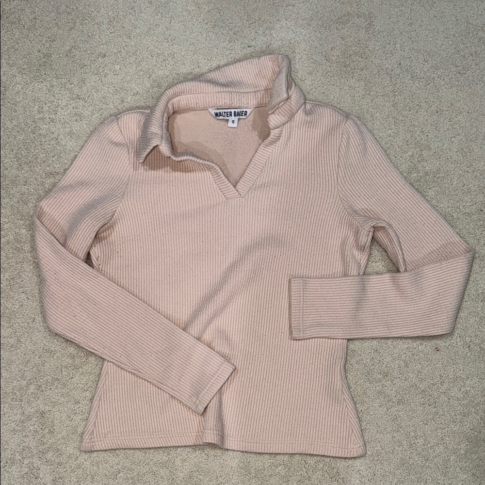 Walter Baker Women's Pink Ribbed Collared Sweater